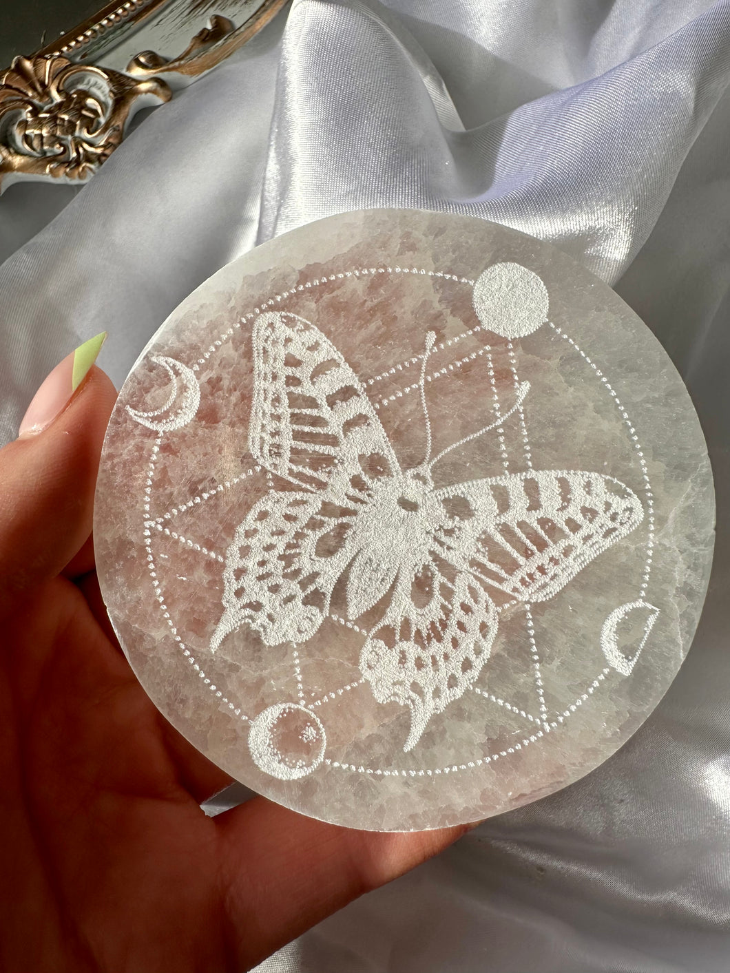 Selenite Etched Butterfly Charging Plate
