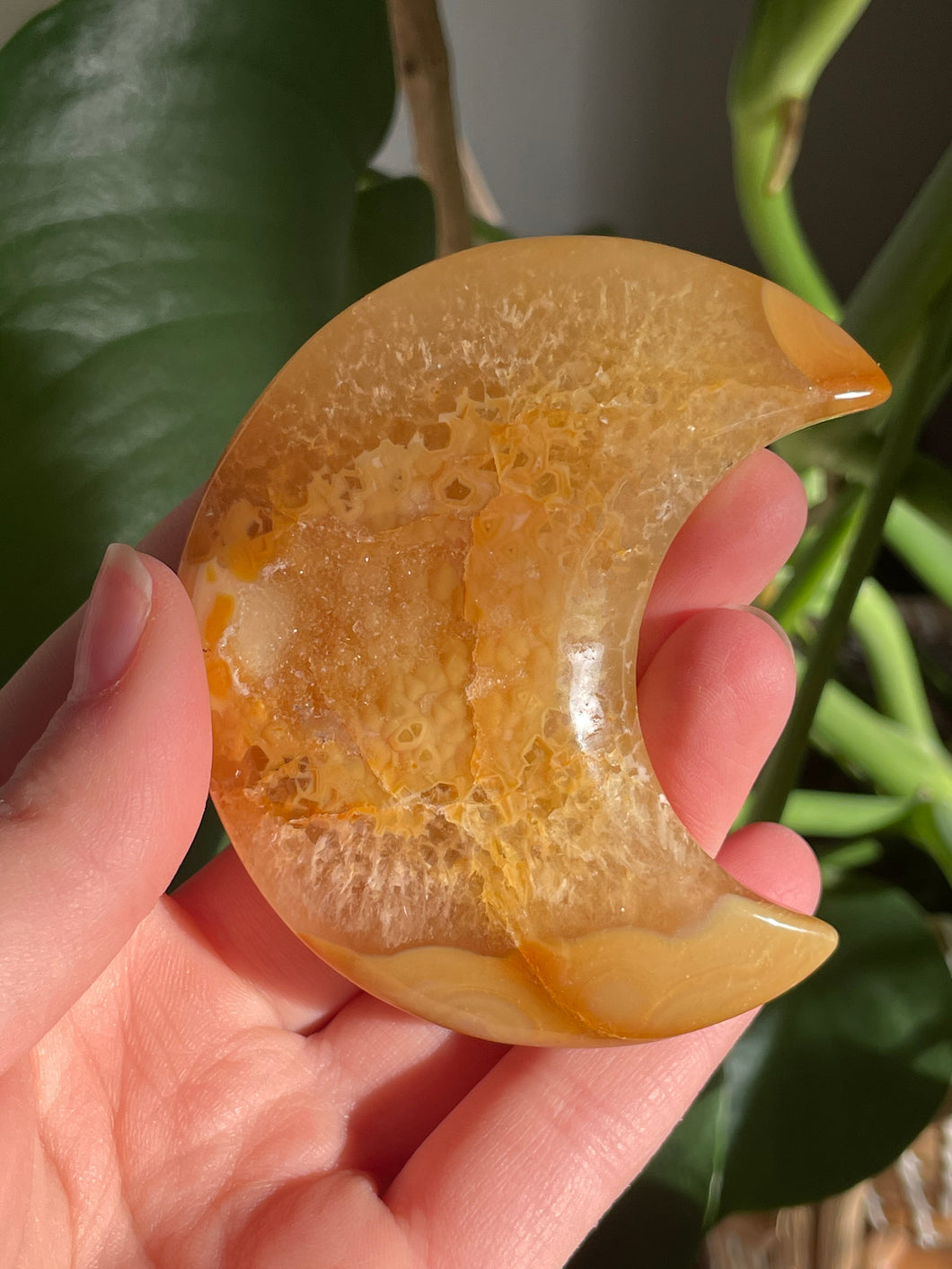 Yellow Druzy Agate Crescent Moon Crystal